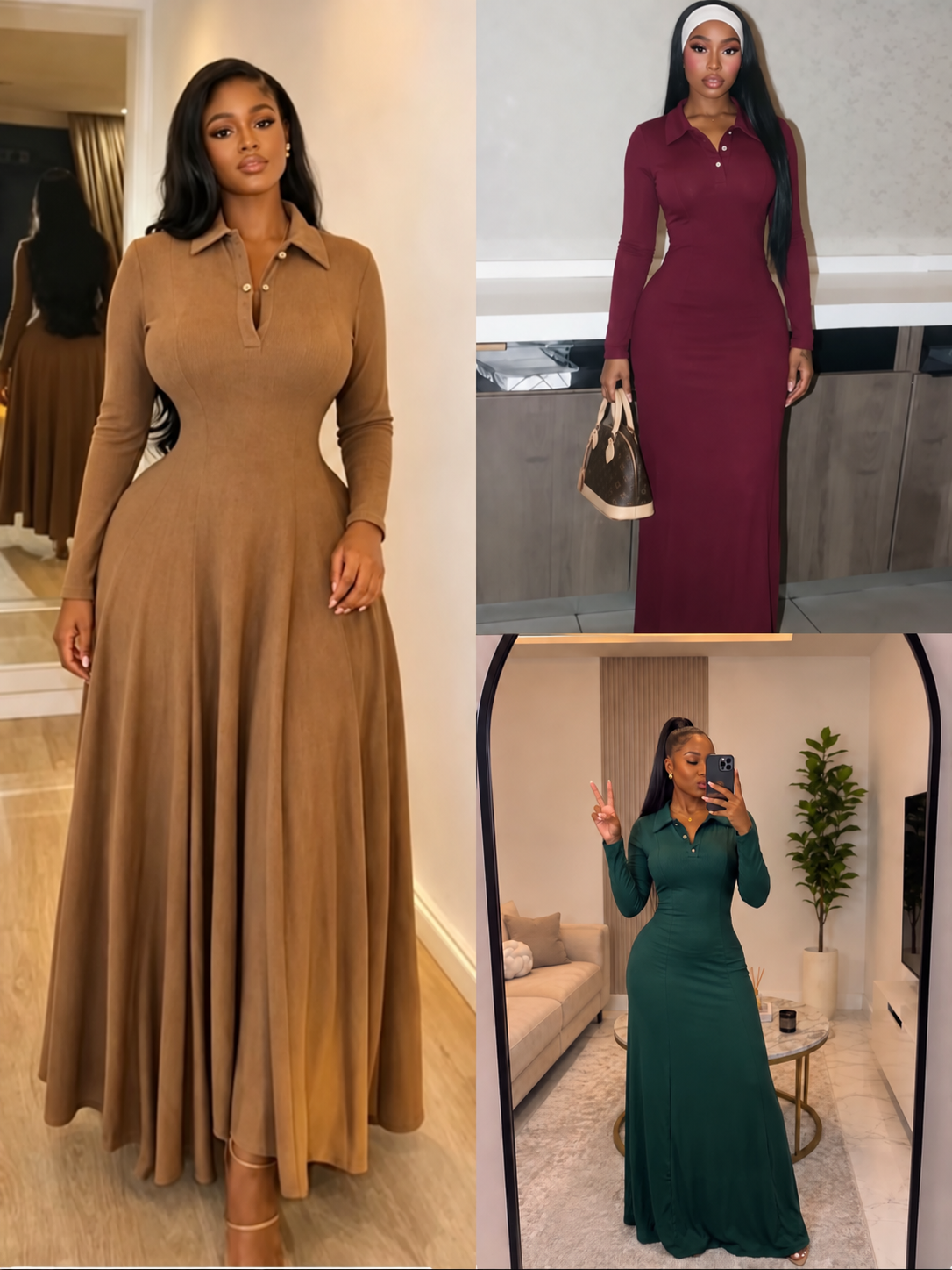Women's Long Sleeve Collared Maxi Dress