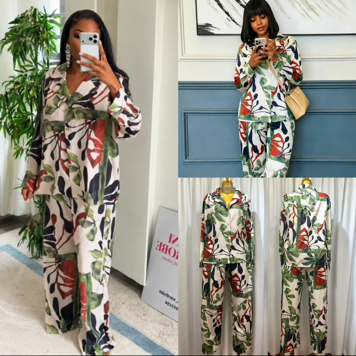 Women's Floral Print Two-Piece Top & Wide-Leg Pants Set