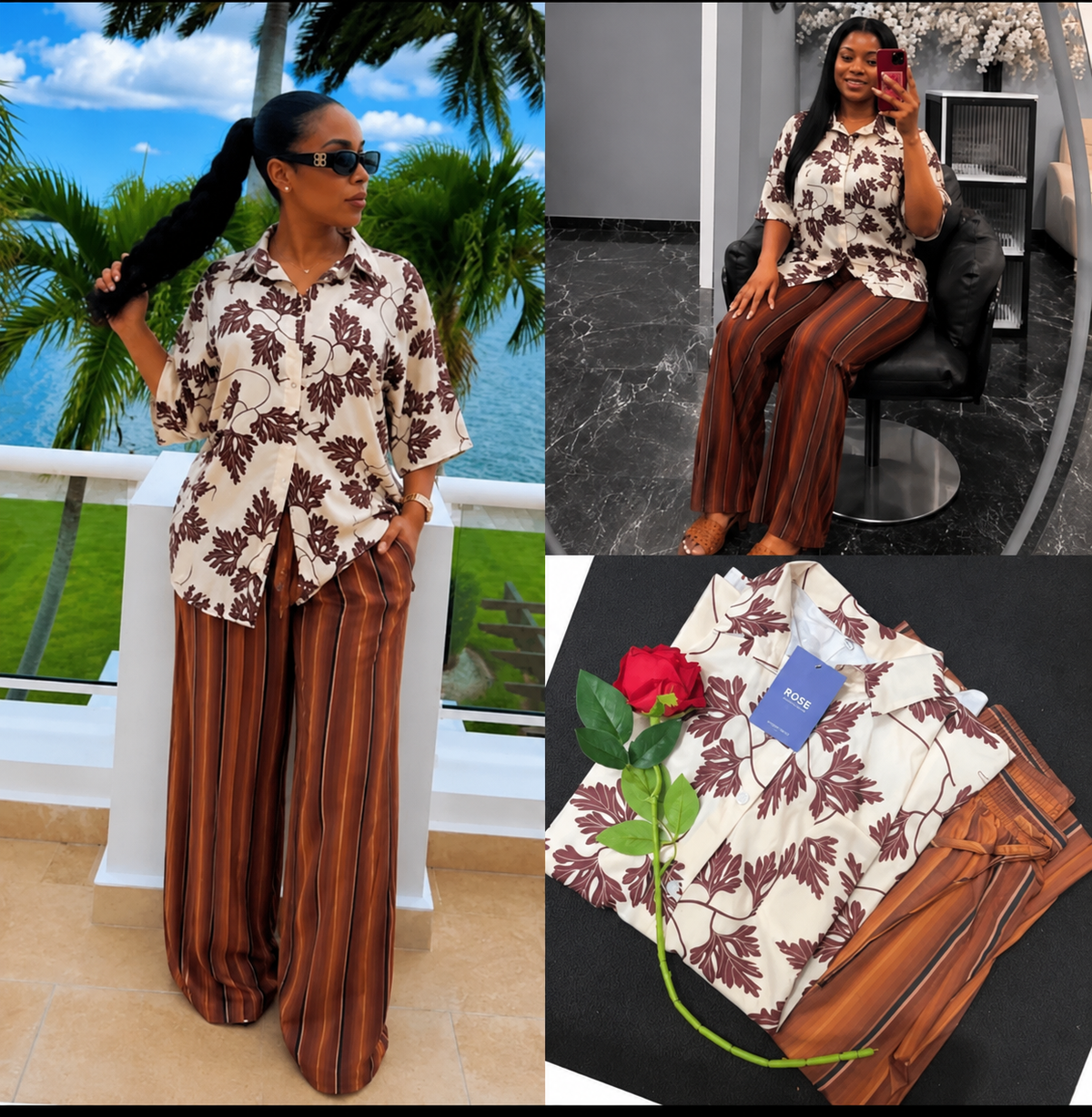 Women's Floral Print Blouse & Wide-Leg Pants Set