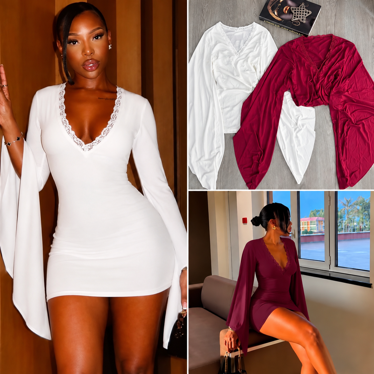Women's Lace Trim V-Neck Mini Dress with Bell Sleeves