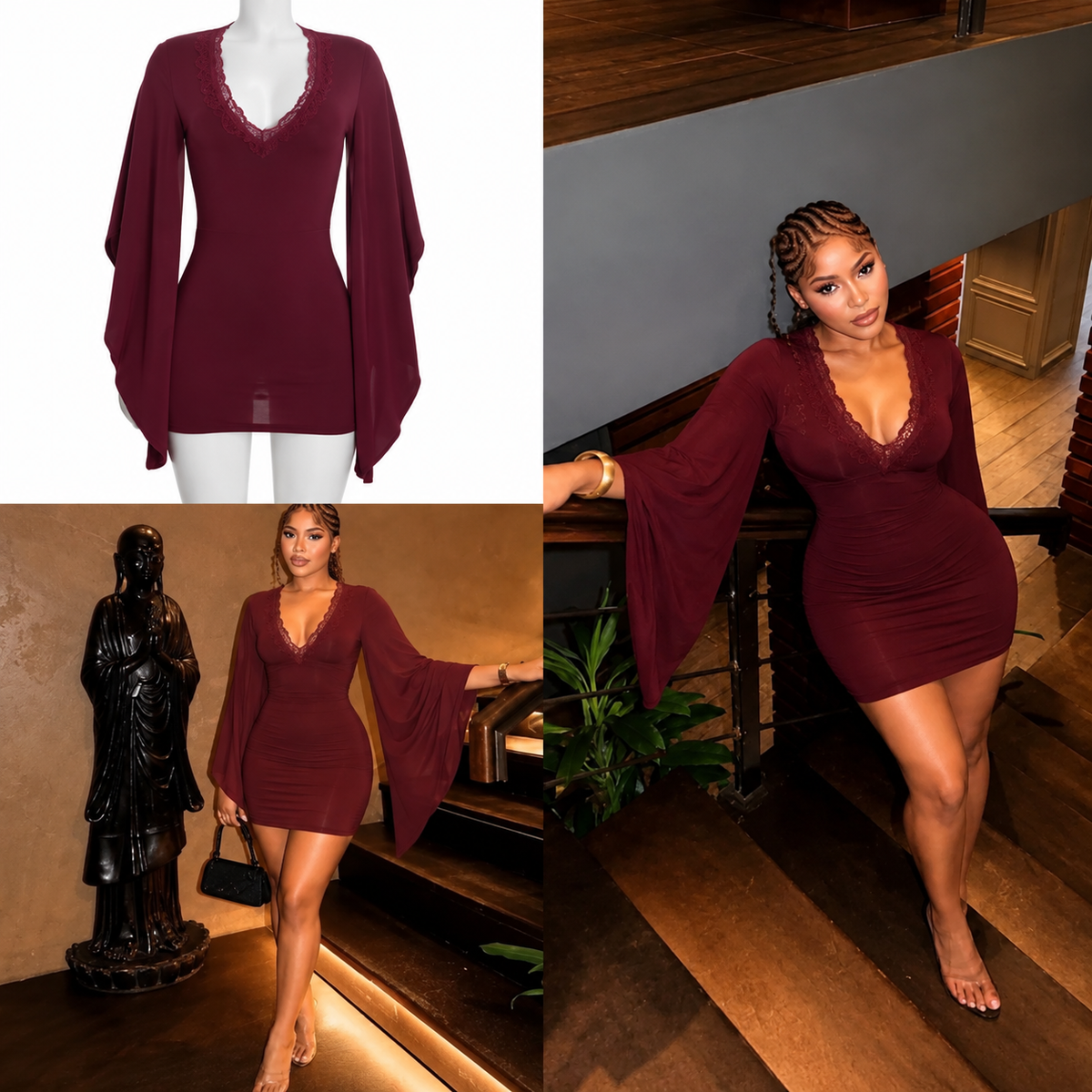 Women's Lace Trim V-Neck Mini Dress with Bell Sleeves