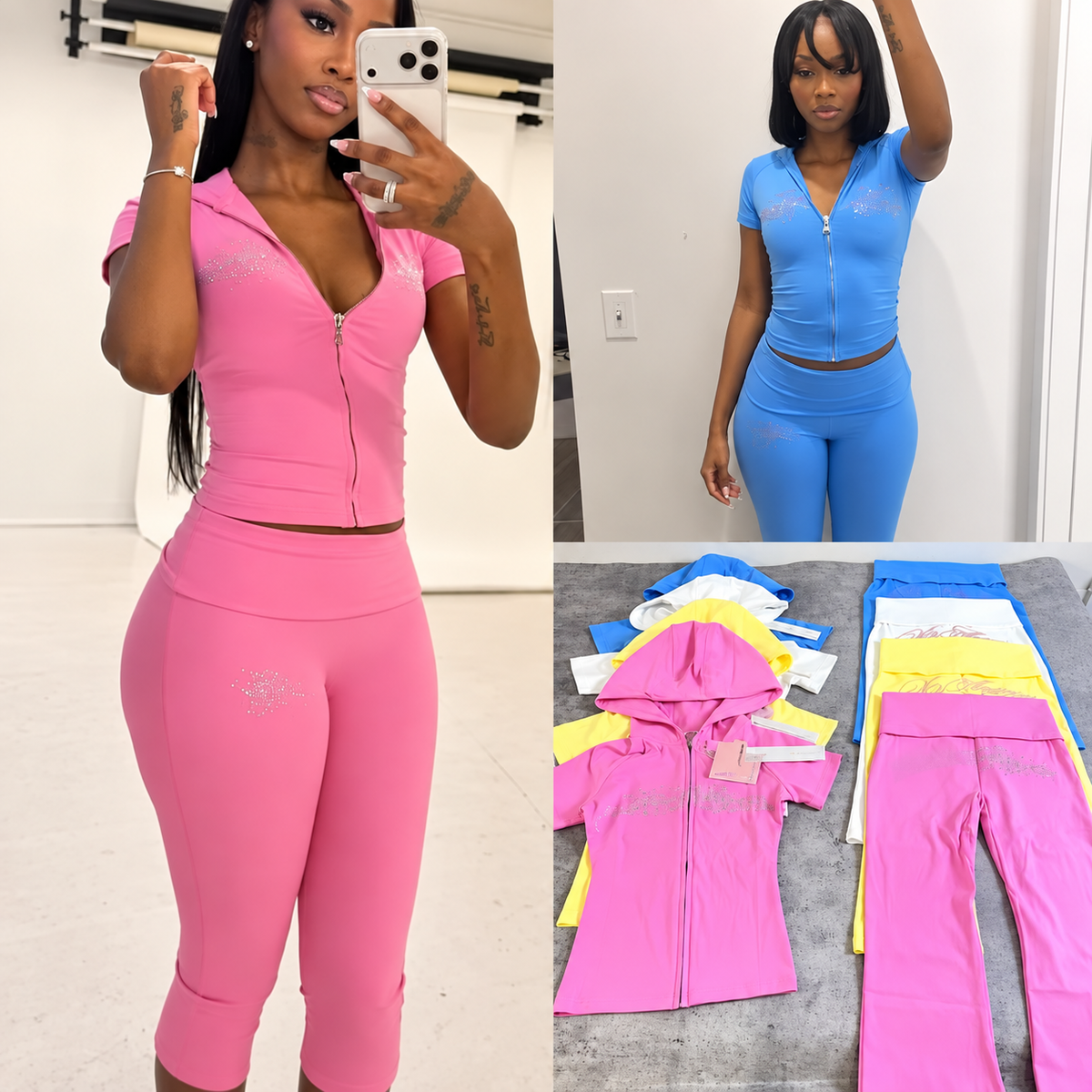 Women's Short Sleeve Zip-Up Top & Leggings Two-Piece Set