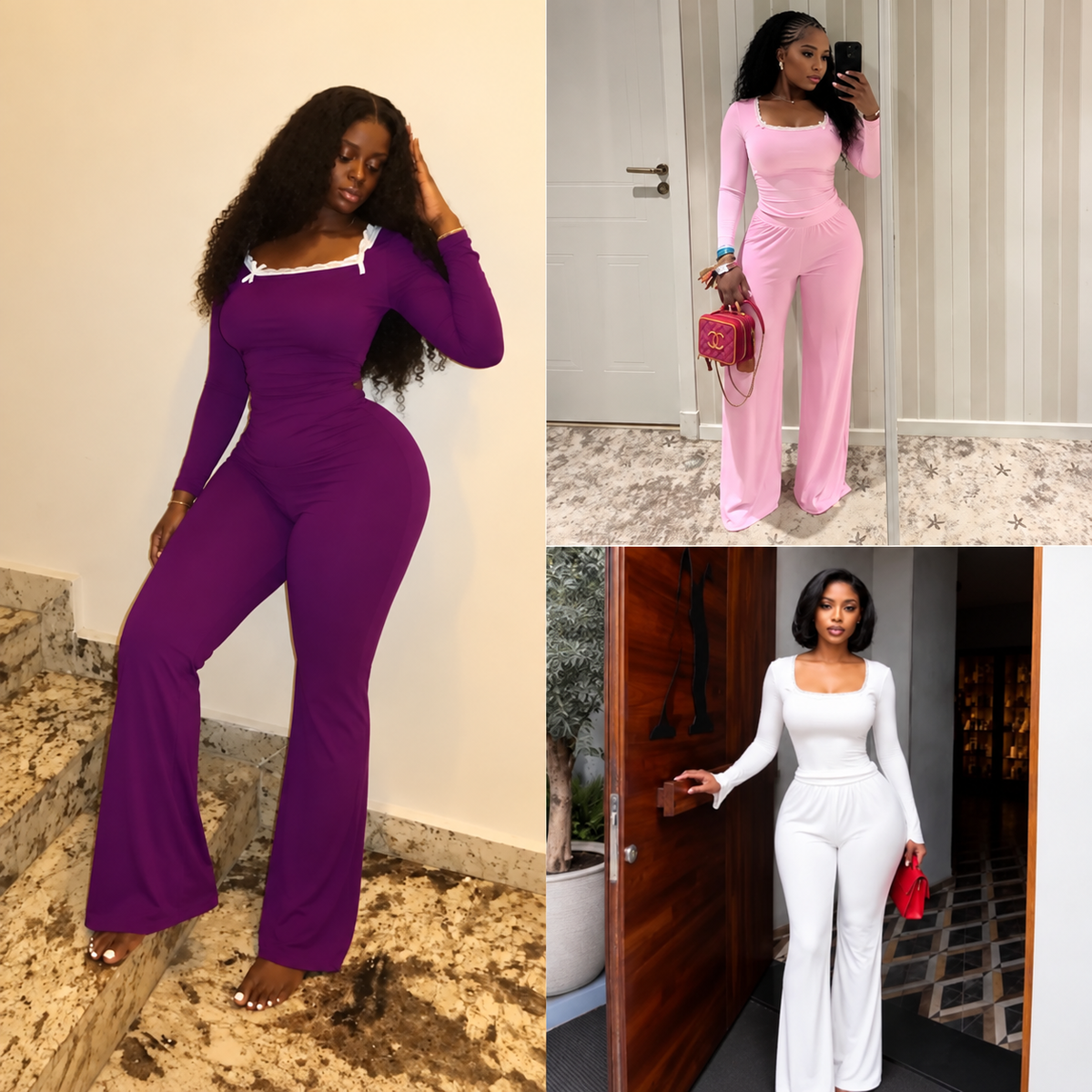 Women's Long Sleeve Fitted Wide-Leg Jumpsuit