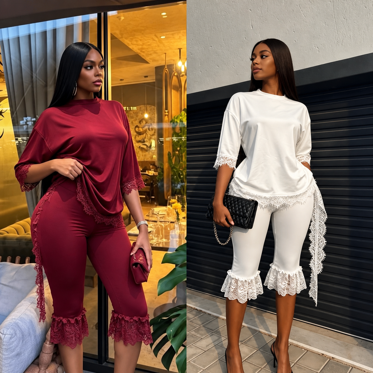 Women's Lace Trim Two-Piece Top & Cropped Pants Set