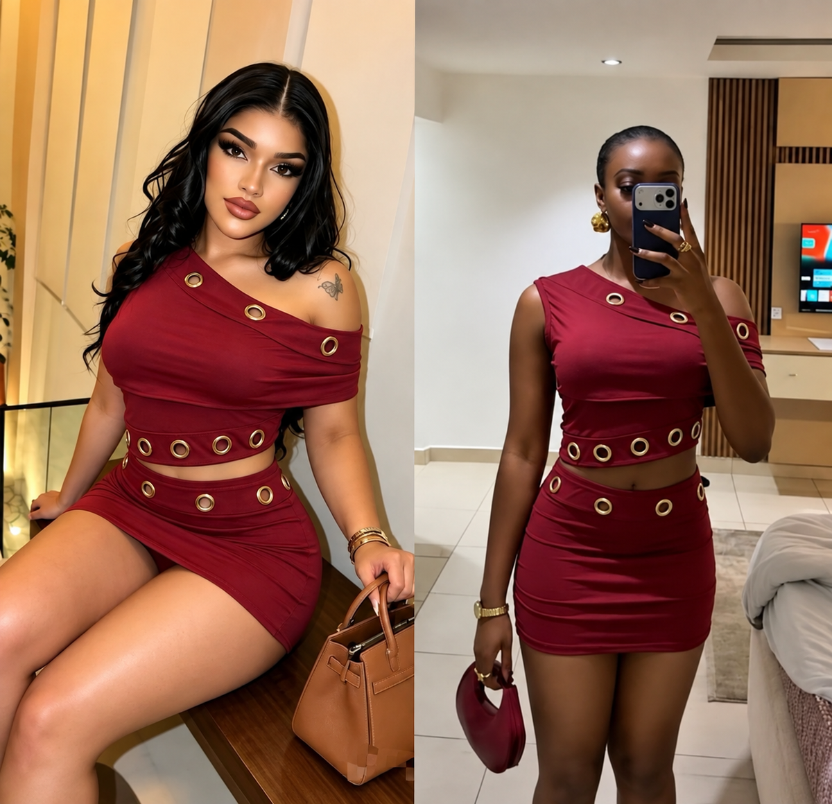 Women’s Burgundy Two-Piece Grommet Detail Crop Top & Mini Skirt Set