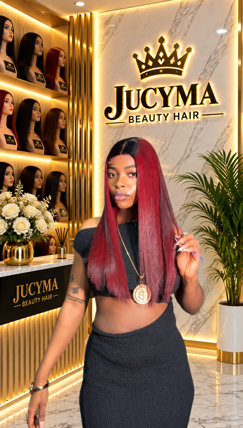 20” Burgundy & Dark Roots SDD Vietnamese Bone Straight Wig with 2/4 Closure