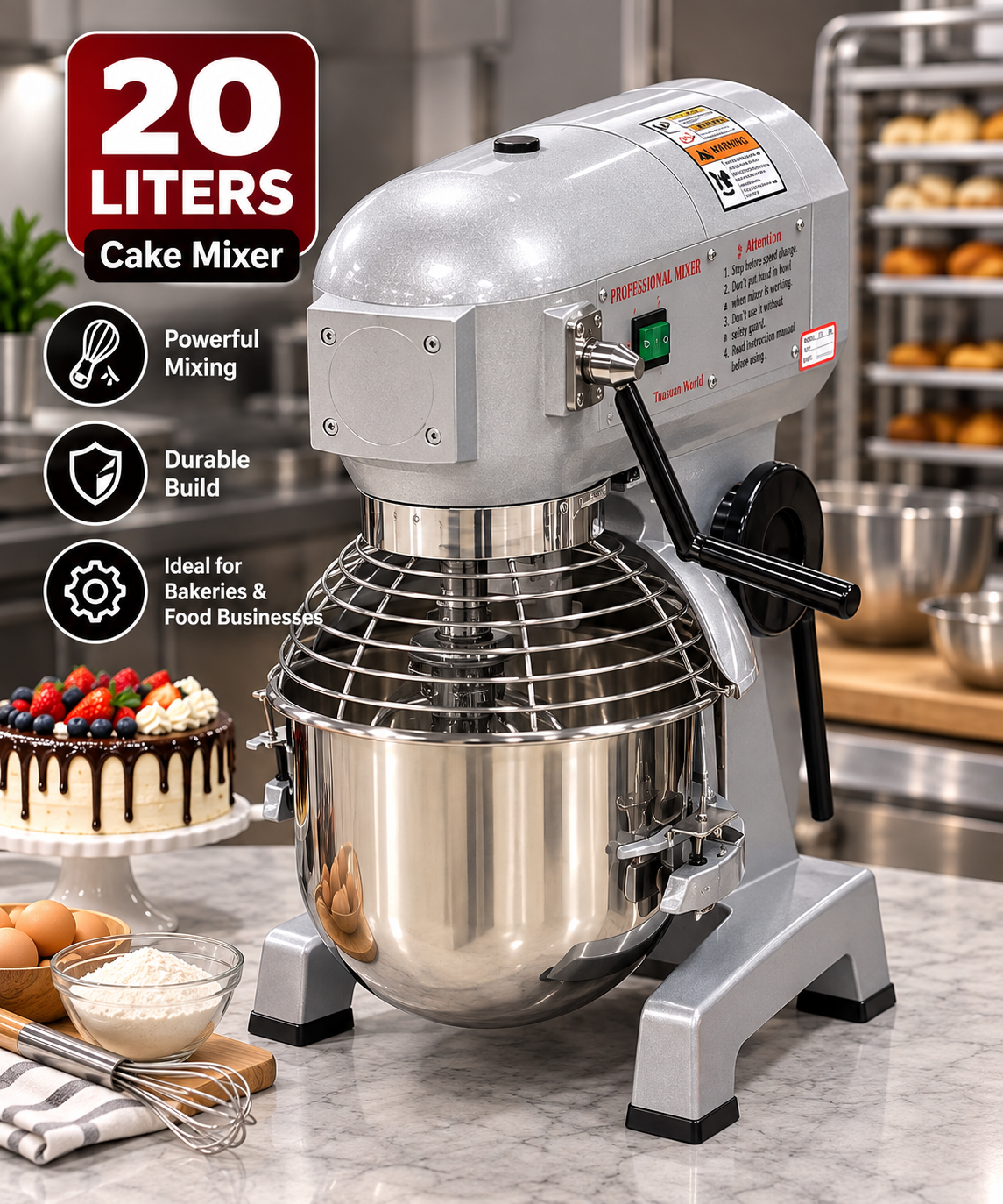 20 Liters Commercial Planetary Cake Mixer – Stainless Steel Industrial Food Mixer