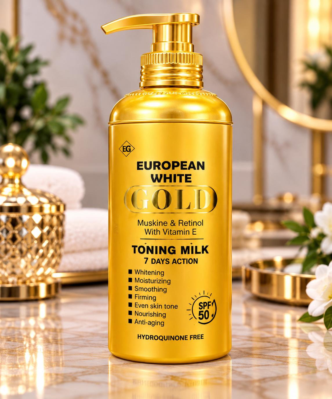 European White Gold Toning Milk with Retinol & Vitamin E 500ml – Gold
