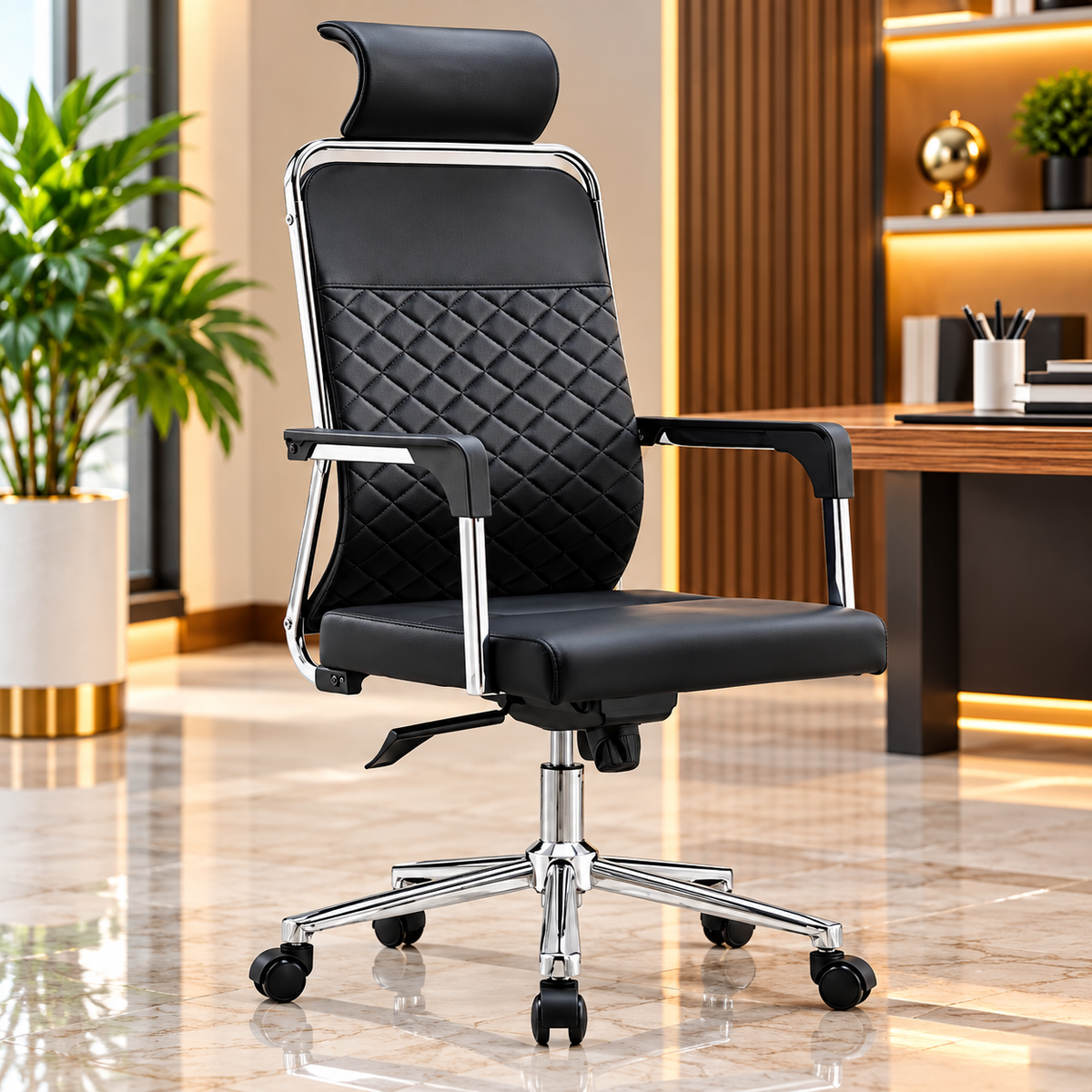 Premium High-Back Executive Office Chair with Headrest – Black Quilted Leatherette & Chrome Base