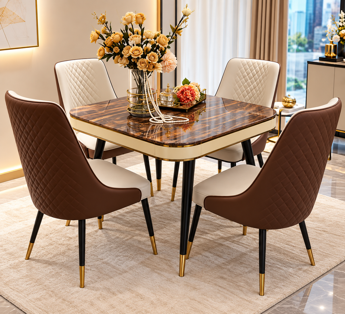 Luxury 4-Seater Marble Dining Table Set with Quilted Upholstered Chairs – Brown & Cream