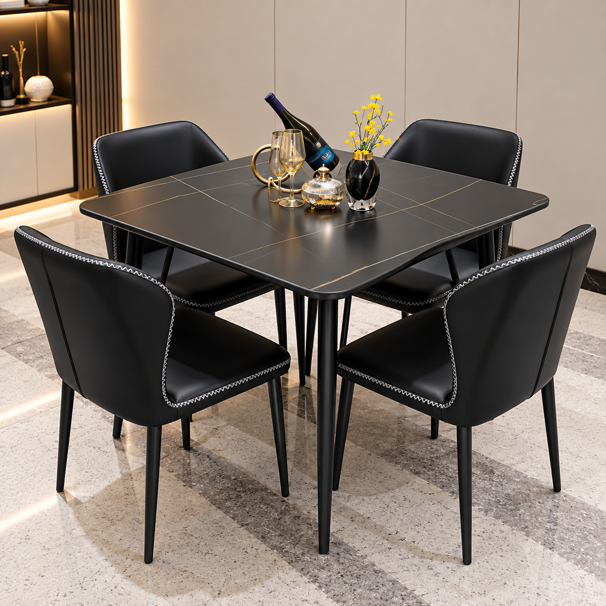 Luxury 4-Seater Black Dining Table Set – Modern Marble-Effect Table with Upholstered Chairs