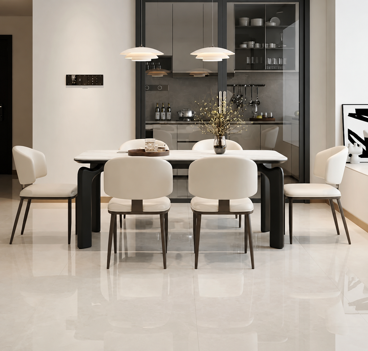 Luxury 6-Seater Cream Dining Table Set – Modern Marble-Effect Table with Upholstered Chairs
