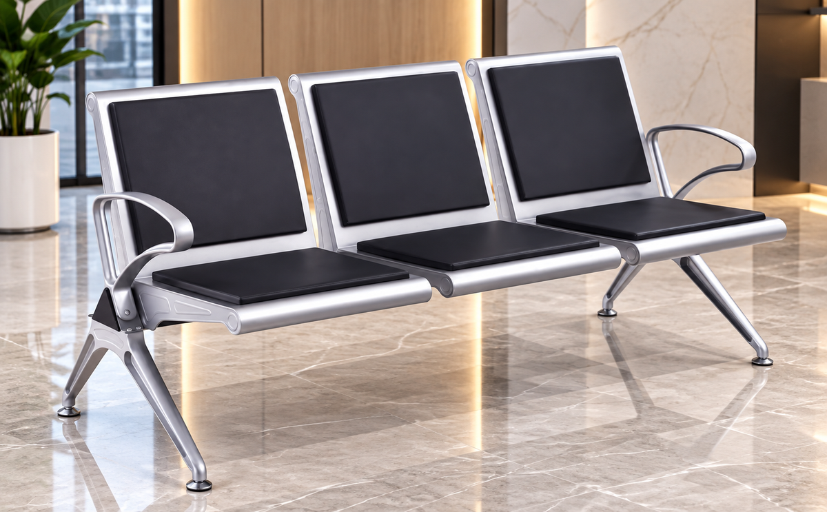 3-Seater Airport & Reception Waiting Chair – Black Cushioned Seats with Silver Metal Frame