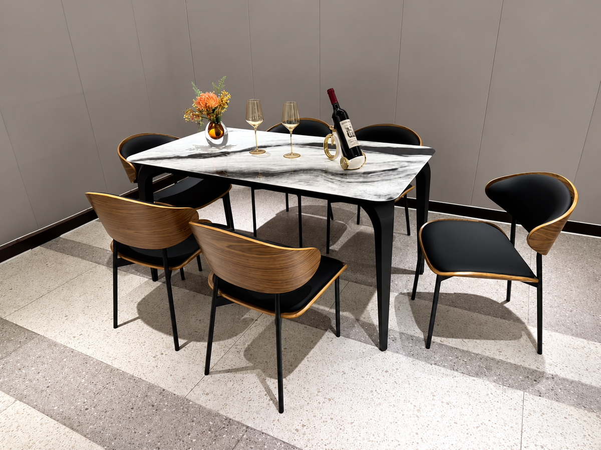 Luxury 6-Seater Marble Dining Table Set with Black & Walnut Accent Chairs – Modern Dining Set
