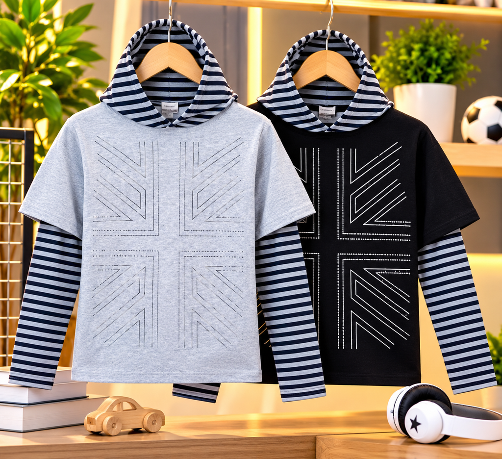 Men’s Hooded Layered T-Shirt – Striped Sleeve & Geometric Design