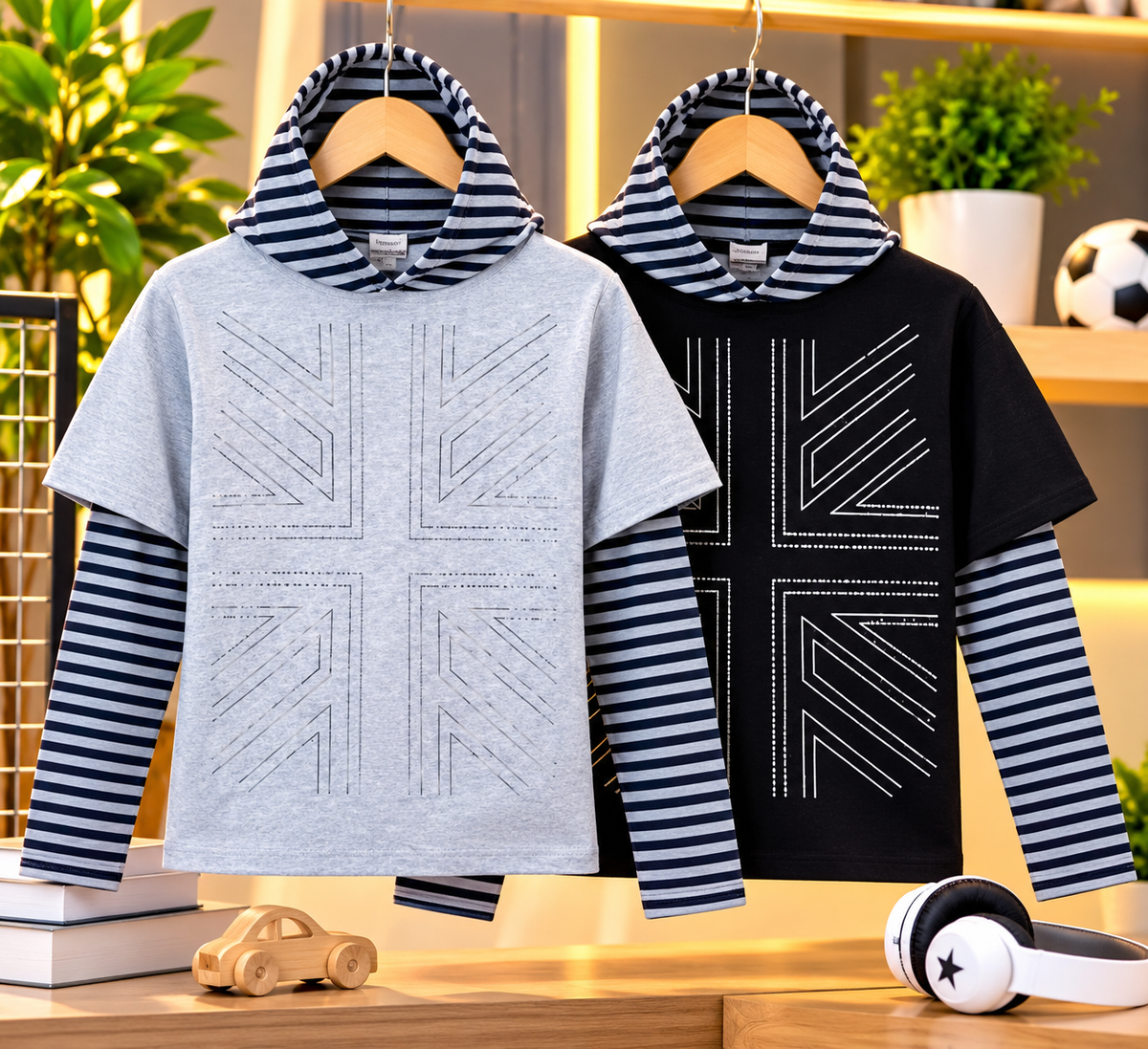 Men’s Hooded Layered T-Shirt – Striped Sleeve & Geometric Design