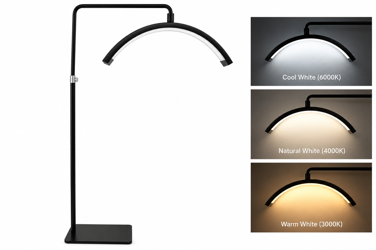 Professional Half-Moon LED Beauty Floor Lamp – 3 Color Modes