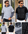 Men’s Hooded Layered T-Shirt – Striped Sleeve & Geometric Design