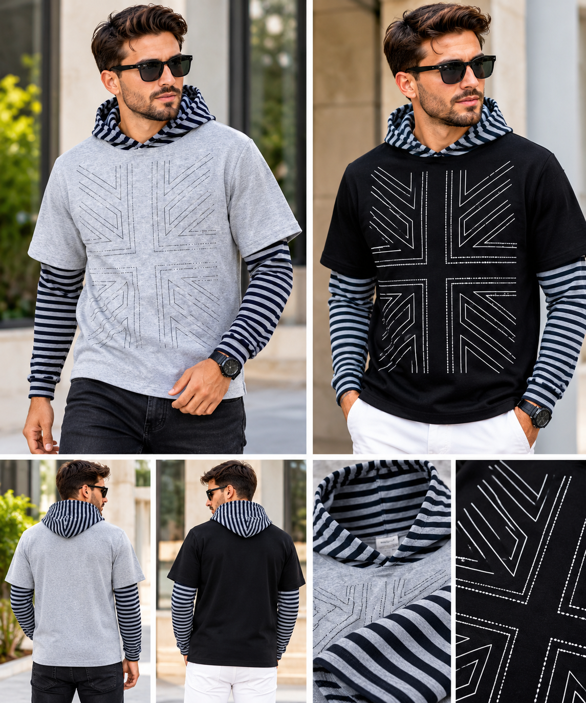 Men’s Hooded Layered T-Shirt – Striped Sleeve & Geometric Design