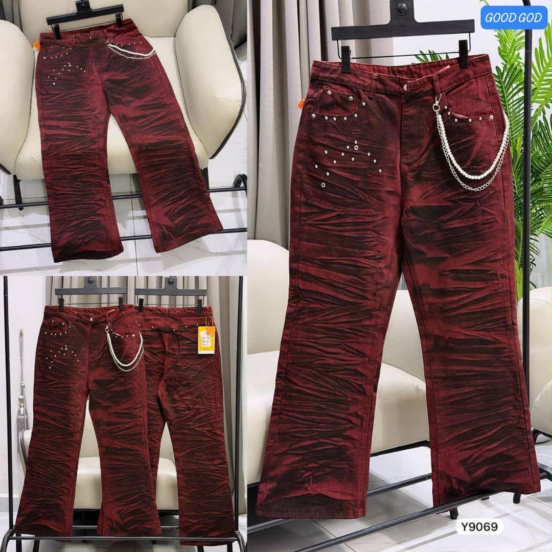 Burgundy Patterned Jeans – Chain Detail