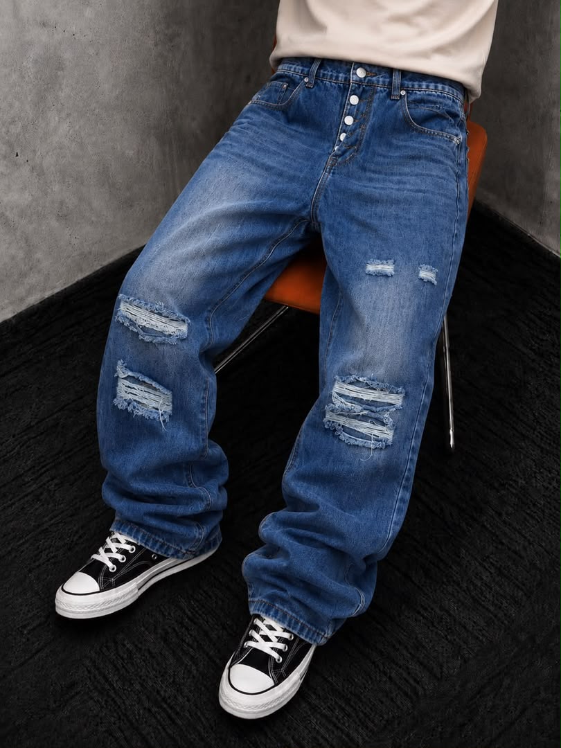 Luxury Baggy Jeans – Distressed Blue
