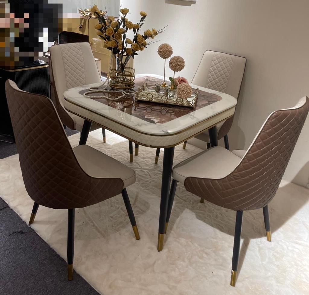 Luxury 3-Seater Marble Dining Table Set with Quilted Upholstered Chairs – Brown & Cream