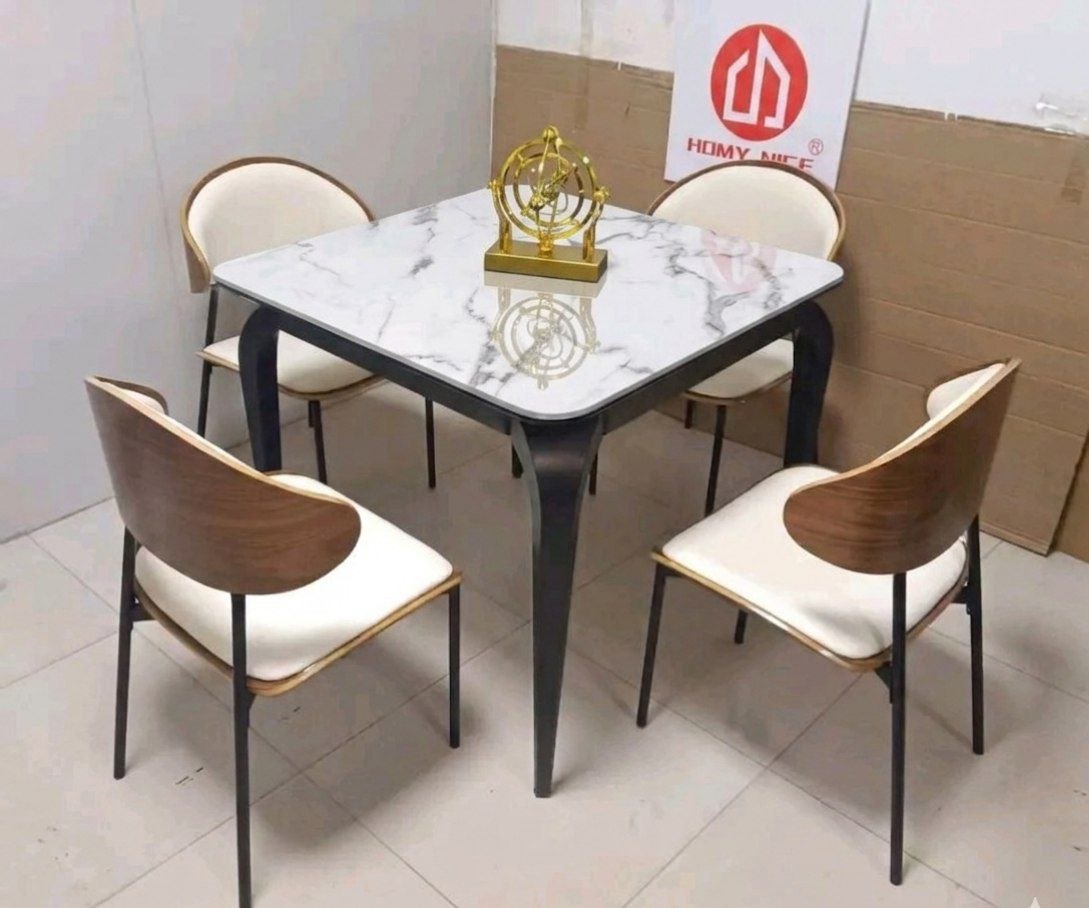Luxury 4-Seater Marble Dining Table Set with Cream Upholstered Chairs – Modern Brown & White