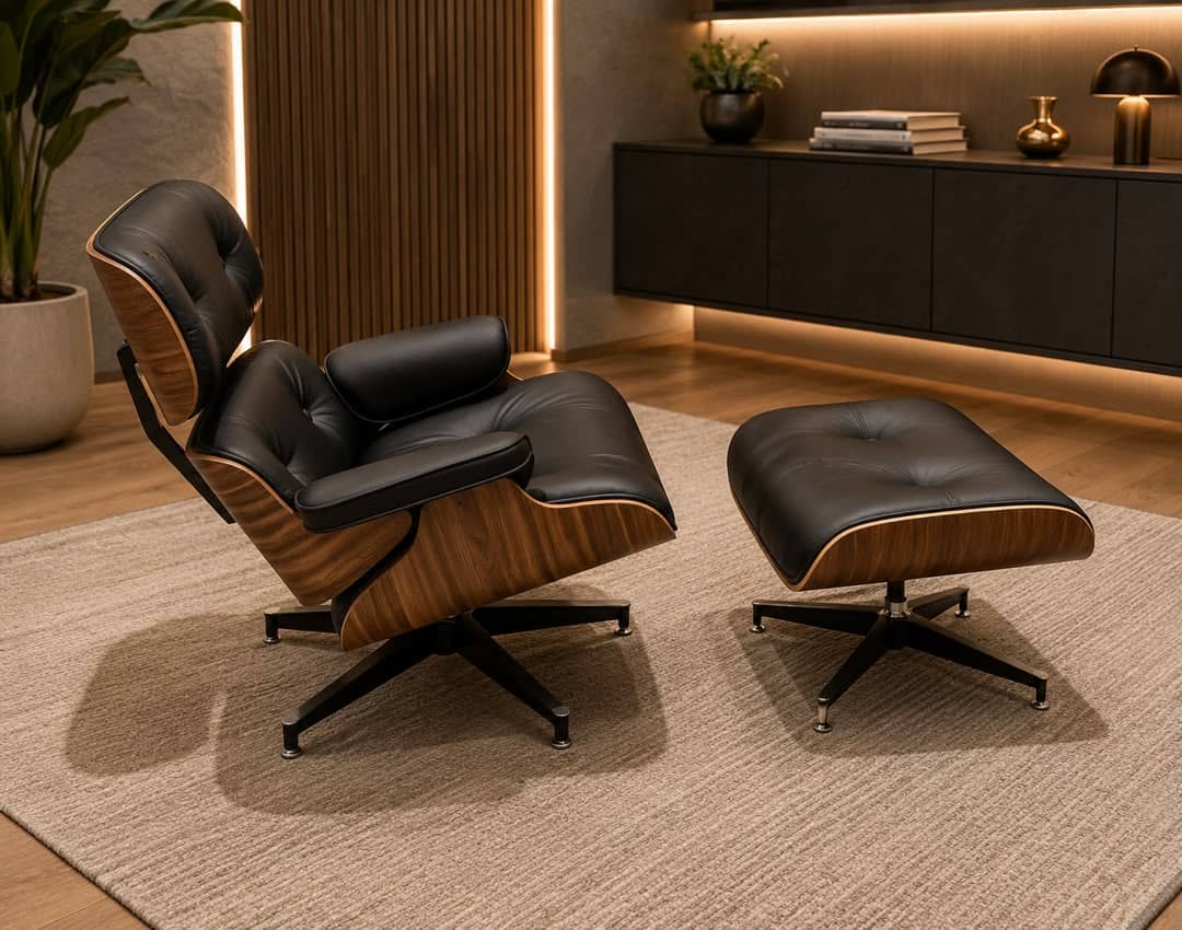 Luxury Eames-Style Lounge Chair & Ottoman – Black Upholstery with Wood-Look Shell