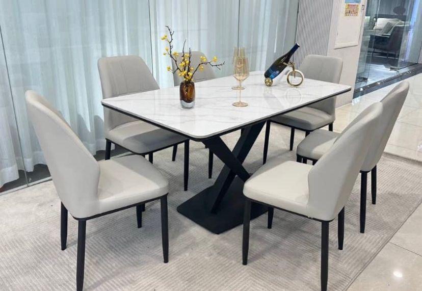 “Luxury 6-Seater White Marble Dining Table Set with Cream Upholstered Chairs – Modern Dining Set”