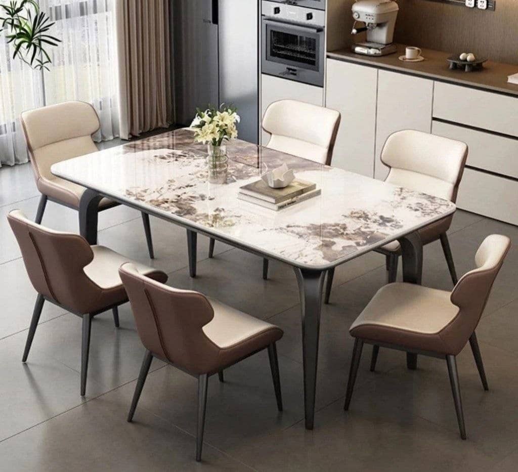 Premium 6-Seater Cream Marble Dining Table & Chairs Set – Modern Luxury Dining Set