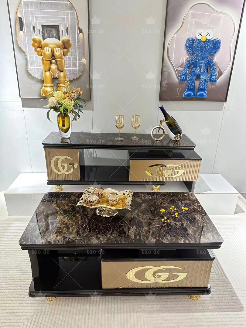 Luxury Black & Gold TV Console and Centre Table Set – Modern Marble-Look Living Room Set